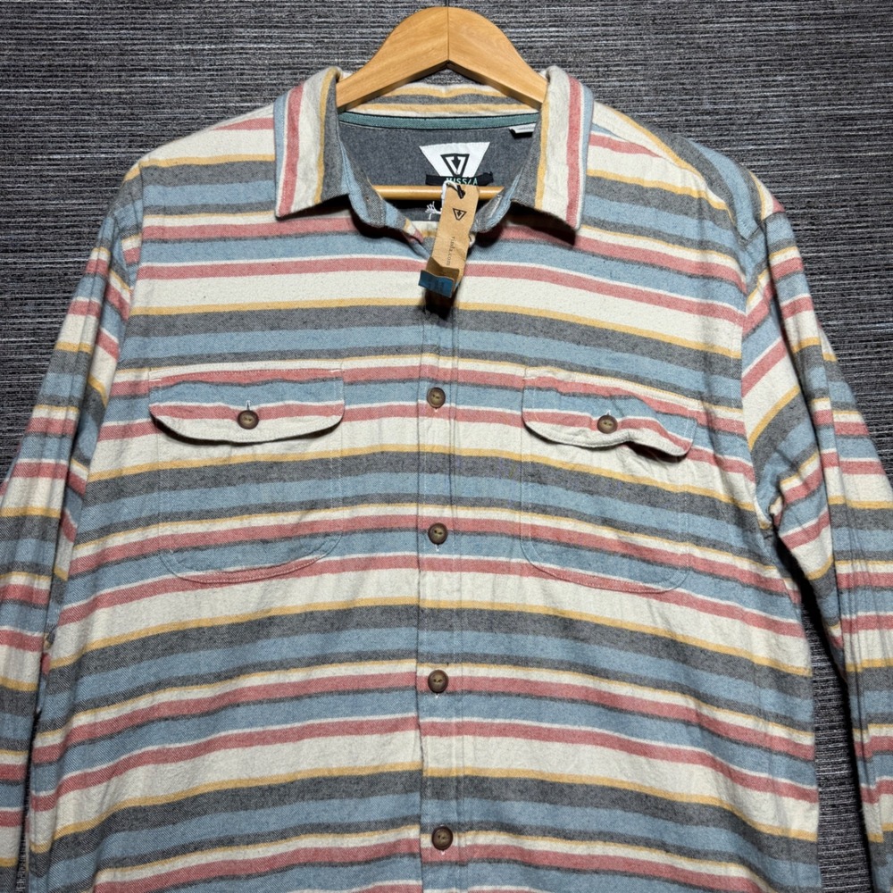 Vissla Flannel Button Men L Blue Striped LS Central Coast Organic Cotton Button